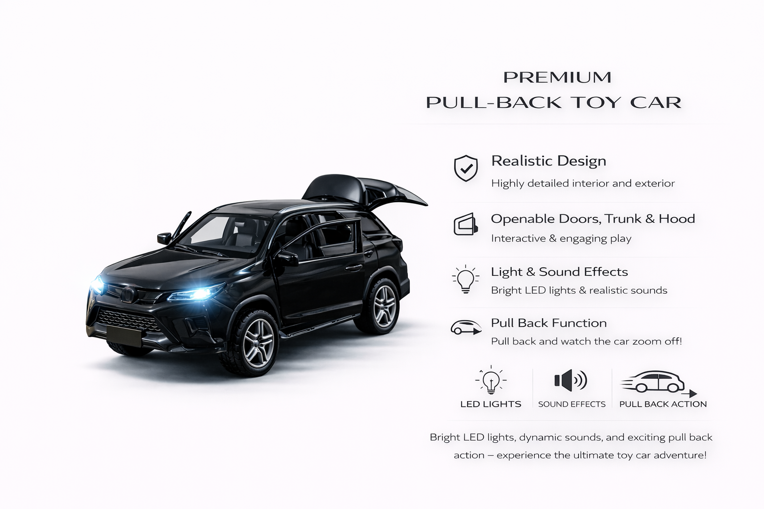 Diecast Fortuner (Black) Toy Car 1:36 Scale.
