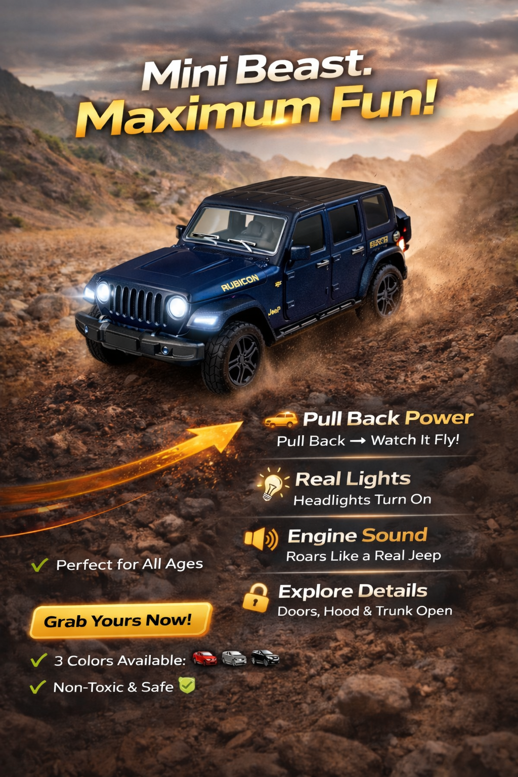 Diecast Rubicon Jeep (Black) Toy Car 1:36 Scale.