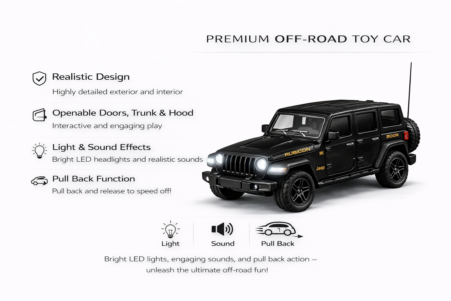 Diecast Rubicon Jeep (Black) Toy Car 1:36 Scale.