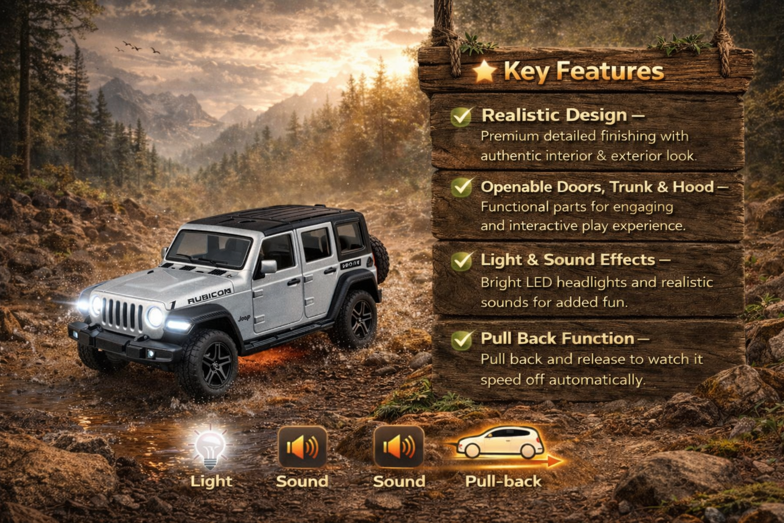 Diecast Rubicon Jeep (Silver) Toy Car 1:36 Scale.