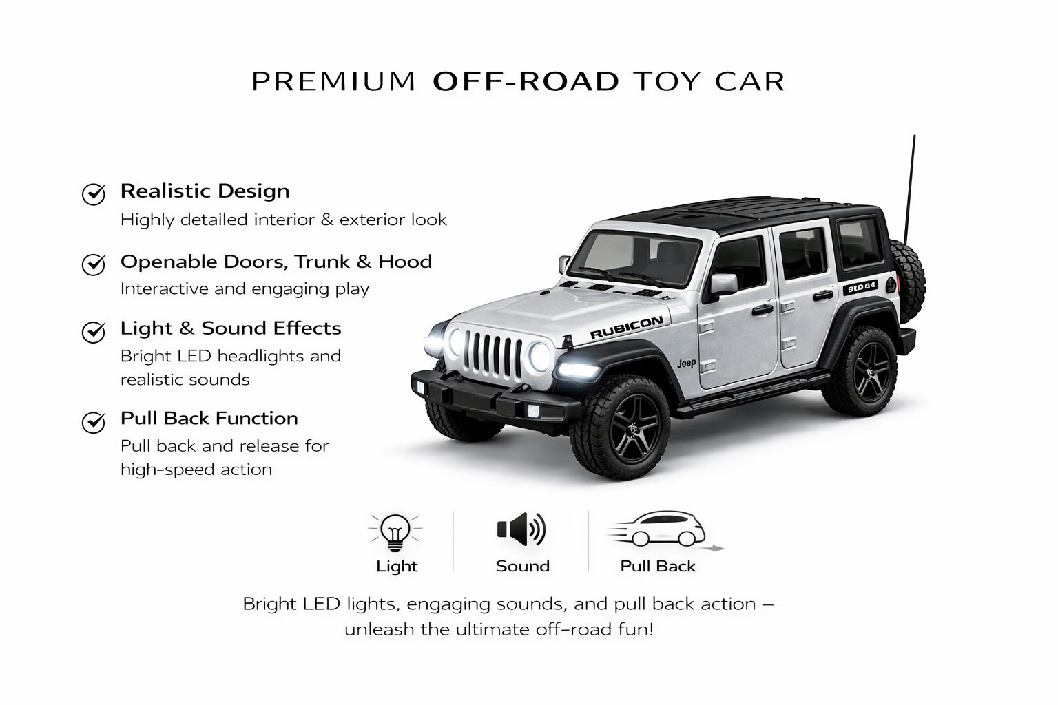 Diecast Rubicon Jeep (Silver) Toy Car 1:36 Scale.