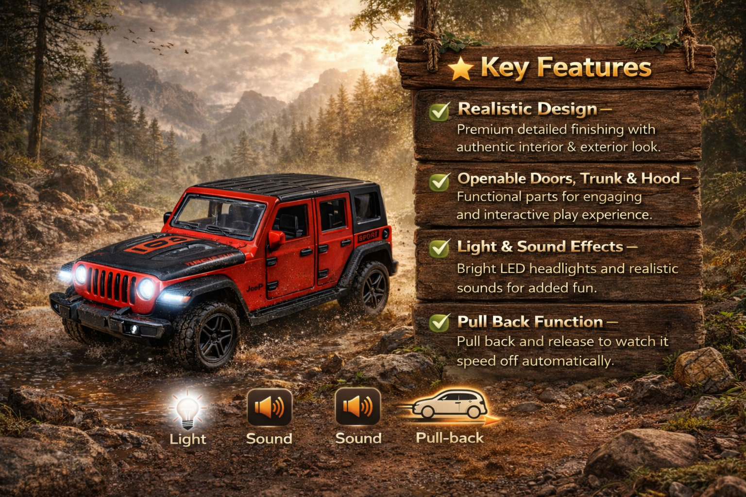 Diecast Rubicon Jeep (Red) Toy Car 1:36 Scale.