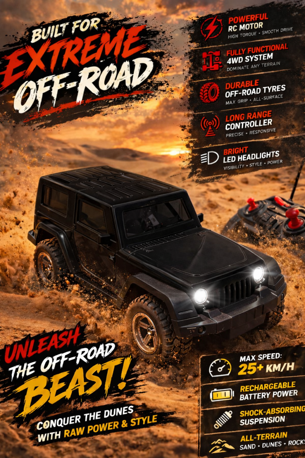 Remote Control Thar Jeep Toy with Hindi Music (Black).